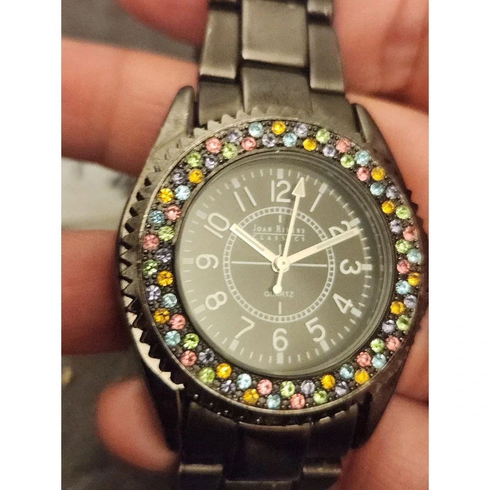 Joan Rivers Black Watch Stainless Steel Band Rhinestone Accent Elegant Timepiece